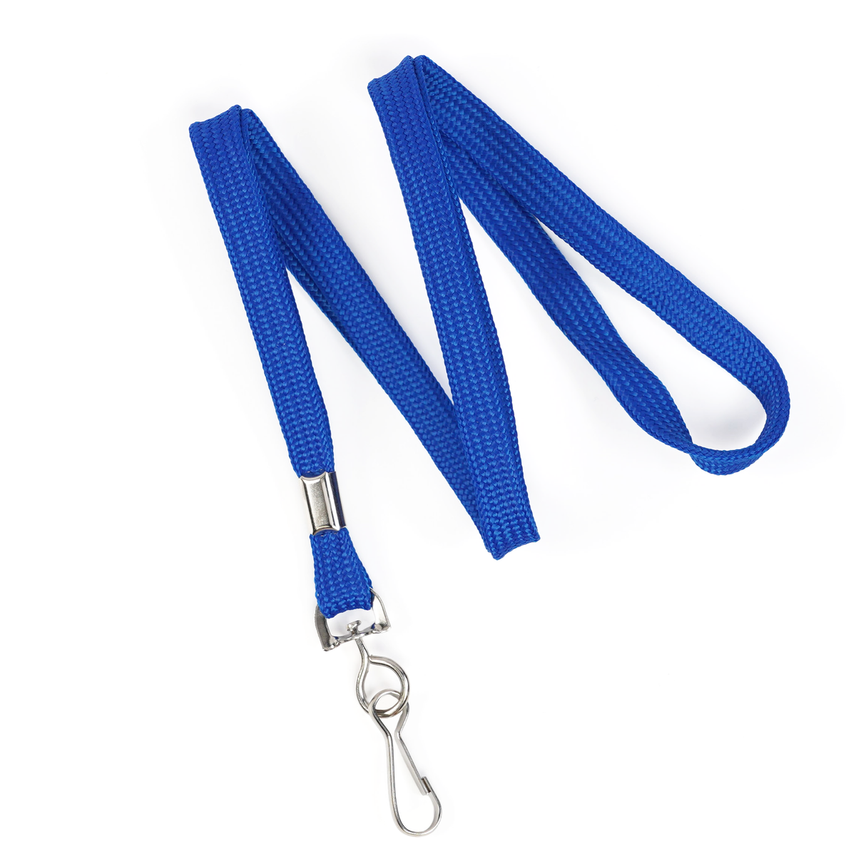 Premium Economy Lanyards with Swivel Hook - 3/8 Flat Width Non-Breakaway Badge Lanyard (2135-350X), shown here in blue and featuring a silver metal clip and swivel hook, is arranged in a simple loop on a white background.