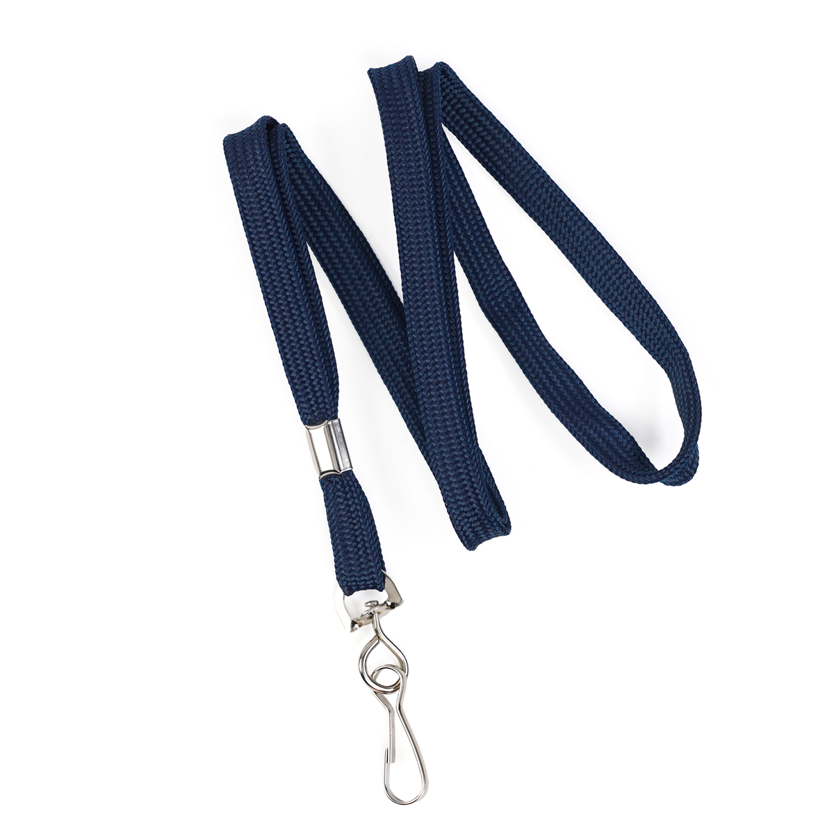 A Premium Economy Lanyard with Swivel Hook (2135-350X), featuring a 3/8″ flat navy blue braid and non-breakaway design, is displayed on a white background.