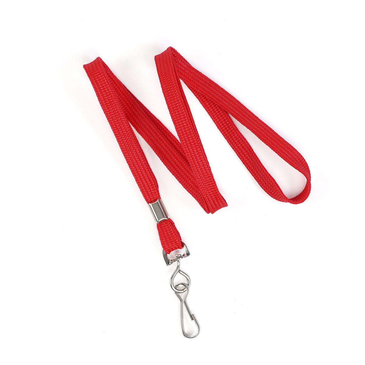 A Premium Economy Lanyard with Swivel Hook - 3/8″ flat width, non-breakaway badge lanyard (2135-350X) in red is displayed against a white background, featuring a silver metal swivel hook attachment.