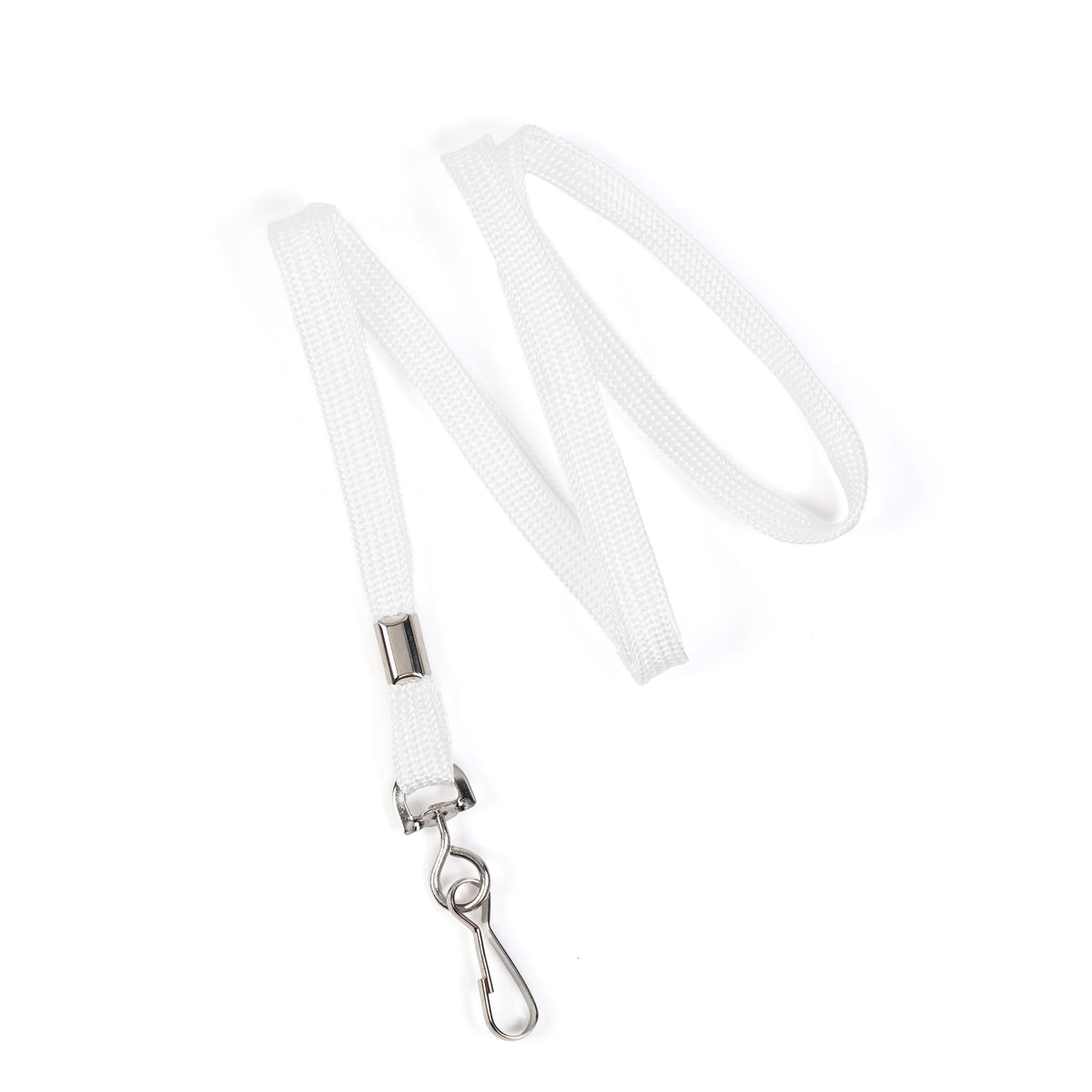 A Premium Economy Lanyard with Swivel Hook (3/8″ flat width, non-breakaway, model 2135-350X) featuring a plain white flat braid and metal clasp, displayed on a white background.