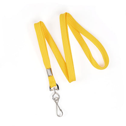 A Premium Economy Lanyard with Swivel Hook (2135-350X), featuring a 3/8″ flat width non-breakaway design, is coiled on a white background, showcasing its durable woven construction.