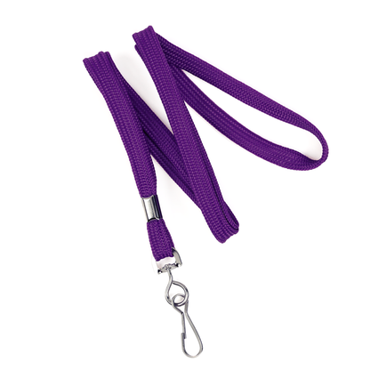 A Premium Economy Lanyard with Swivel Hook - 3/8″ Flat Width Non-Breakaway Badge Lanyard (2135-350X) in purple, featuring a metal swivel hook clasp, coiled on a white background.