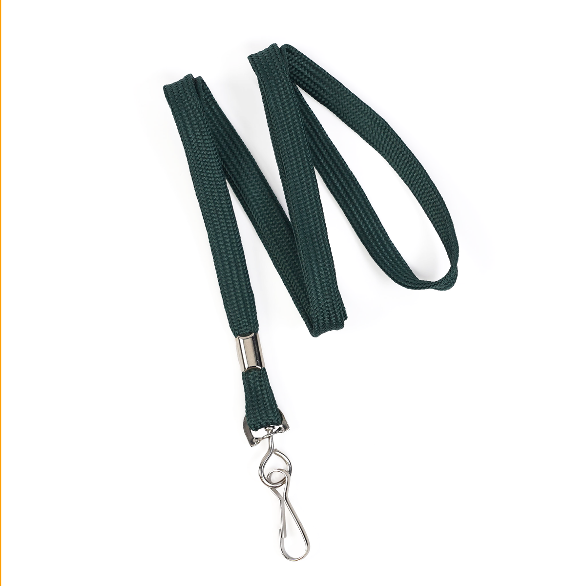 A Premium Economy Lanyard with Swivel Hook (3/8″ flat width, non-breakaway, model 2135-350X) in dark green is laid out on a white background.
