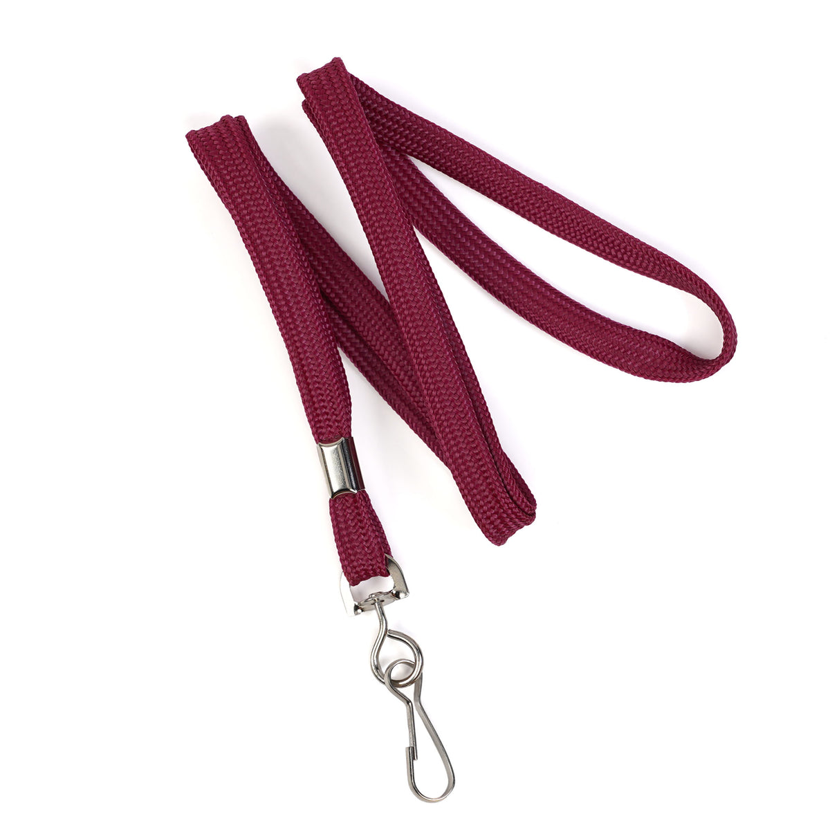 A Premium Economy Lanyard with Swivel Hook—3/8″ Flat Width Non-Breakaway Badge Lanyard (2135-350X) in maroon, featuring a silver metal clasp, is coiled on a white background.