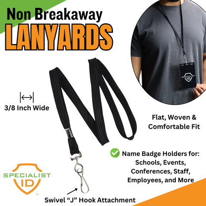 The Premium Economy Lanyards with Swivel Hook - 3/8 Flat Width Non-Breakaway Badge Lanyard (2135-350X) features a black, flat braid design that is 3/8 inch wide and comfortable for use at events and workplaces, shown here with a “J” hook attachment and worn with a badge holder.