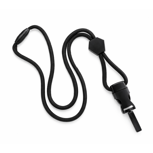 A black, heavy-duty, metal detector friendly lanyard featuring an adjustable diamond slider, a breakaway safety clasp for added security, and a quick release plastic hook; MRI safe (2135-45XX).