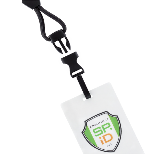 A white plastic badge holder with a green and orange "SP:ID" logo, attached to a metal detector friendly heavy duty lanyard featuring an adjustable diamond slider, breakaway clasp, and quick release plastic hook for secure, comfortable wear—MRI safe.