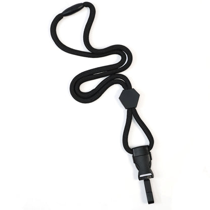 Metal detector friendly heavy duty lanyard with ergonomic neck padding, featuring a breakaway clasp, quick release plastic hook, and an adjustable diamond slider, displayed on a white background.