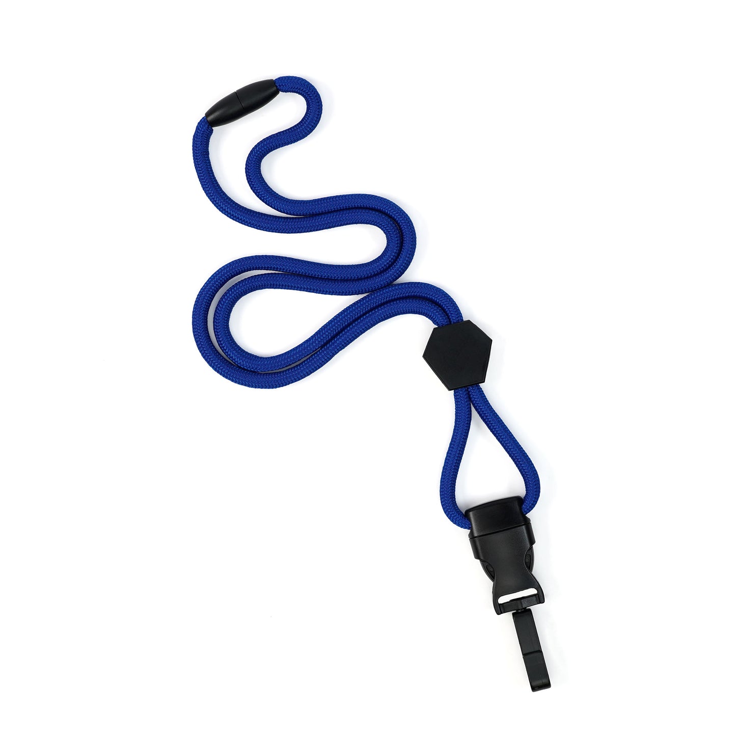 Metal Detector Friendly Heavy Duty blue Lanyard with Diamond Slider, Breakaway Clasp, and Quick Release Plastic Hook (MRI Safe, 2135-45XX), arranged in a loose curve on a white background.