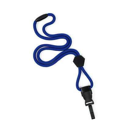 Metal Detector Friendly Heavy Duty blue Lanyard with Diamond Slider, Breakaway Clasp, and Quick Release Plastic Hook (MRI Safe, 2135-45XX), arranged in a loose curve on a white background.