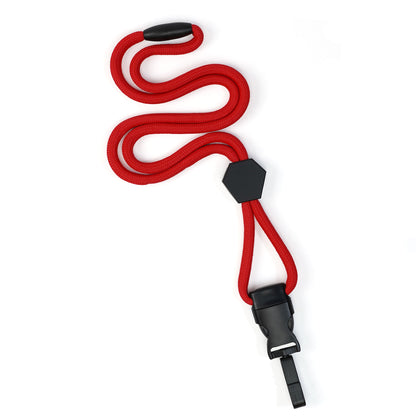 Metal Detector Friendly Heavy Duty red Lanyard with Diamond Slider, Breakaway Clasp & Quick Release Plastic Hook (MRI Safe, 2135-45XX), arranged in a wavy pattern on a white background.