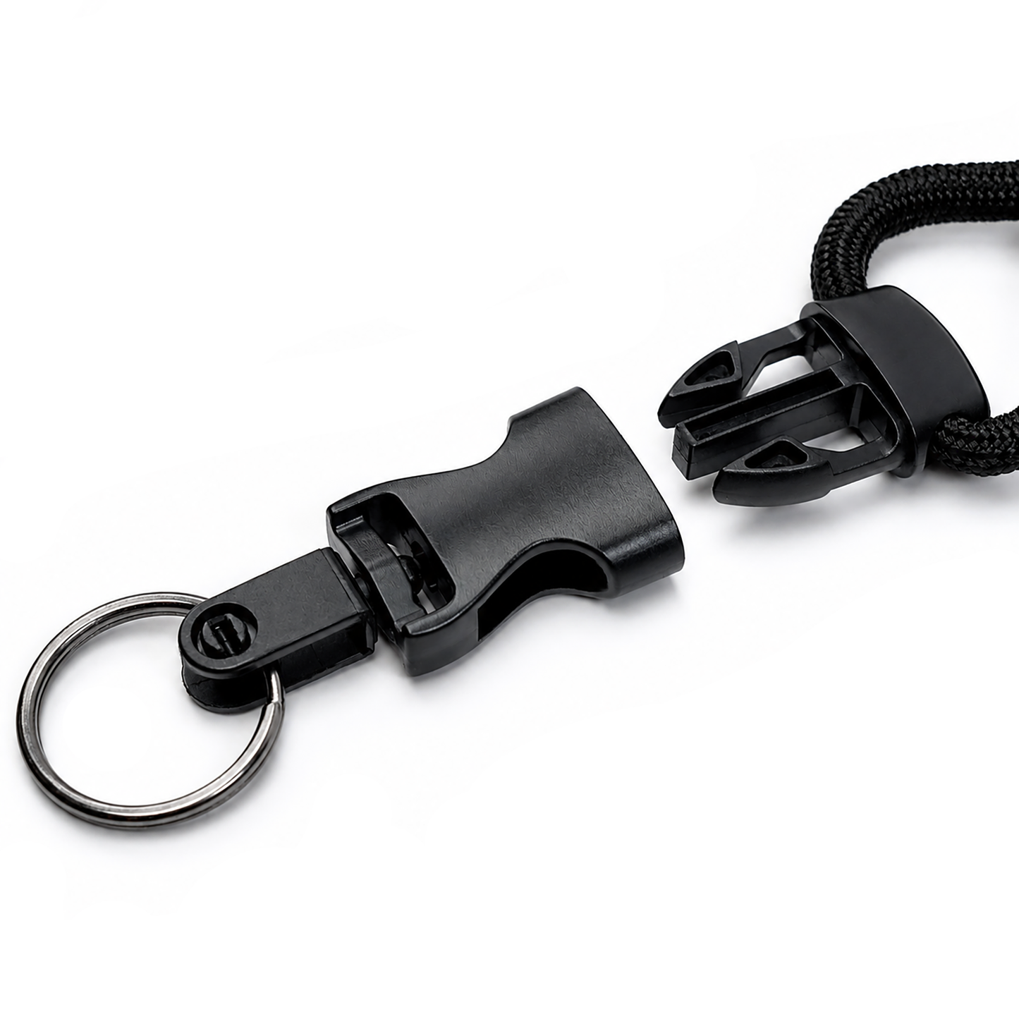 A Heavy Duty Breakaway Round Lanyard With Detachable Key Ring (2135-454X) featuring a black plastic side-release buckle, a detachable split ring keyring, and a length of braided black cord, displayed against a white background.