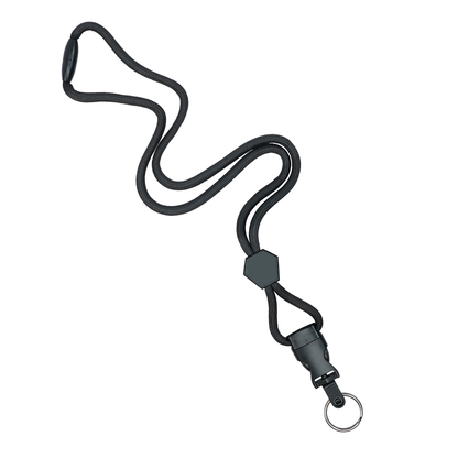 A black heavy duty lanyard with a hexagonal slider, a black plastic quick release buckle, and a silver metal key ring, shown on a plain white background. (2135-4541)