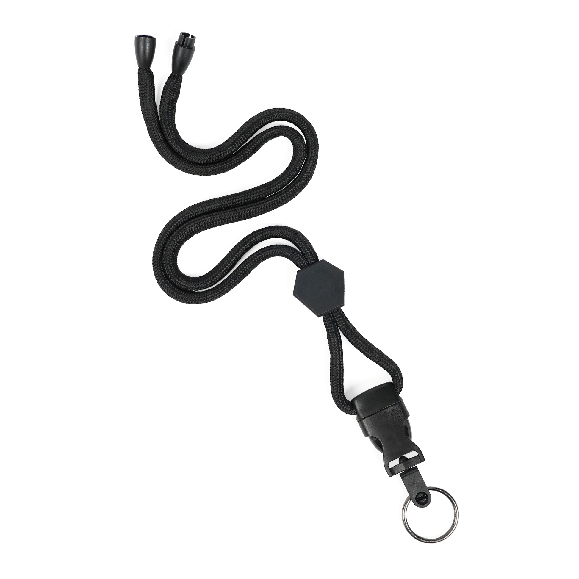 Heavy Duty Breakaway Round Lanyard With Detachable Key Ring (2135-454X) in black, featuring a braided design, hexagonal slider, plastic detachable buckle, and metal keyring; the lanyard is displayed in a wavy pattern against a white background.
