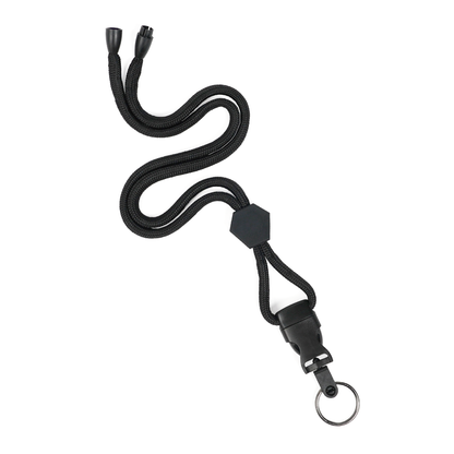 Heavy Duty Breakaway Round Lanyard With Detachable Key Ring (2135-454X) in black, featuring a braided design, hexagonal slider, plastic detachable buckle, and metal keyring; the lanyard is displayed in a wavy pattern against a white background.