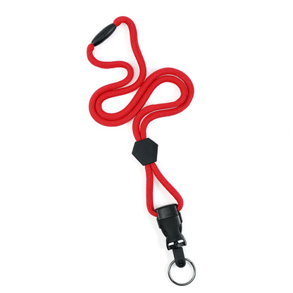 A Heavy Duty Breakaway Round Lanyard With Detachable Key Ring (2135-454X) in red, featuring a black plastic clasp, a hexagonal slider, and a metal keyring attachment with a detachable split ring, is displayed against a white background.