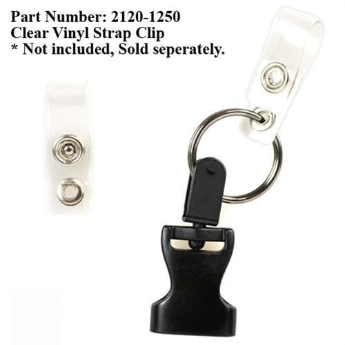 Custom Heavy Duty Breakaway Lanyard With Detachable Key Ring (2135-454X) with a black plastic swivel hook and a metal key ring. The text reads: "Part Number: 2120-1250 Clear Vinyl Strap Clip *Not included, Sold separately. Ideal for a customizable lanyard equipped with a detachable key ring.