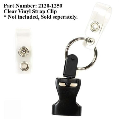 Custom Heavy Duty Breakaway Lanyard With Detachable Key Ring (2135-454X) with a black plastic swivel hook and a metal key ring. The text reads: "Part Number: 2120-1250 Clear Vinyl Strap Clip *Not included, Sold separately. Ideal for a customizable lanyard equipped with a detachable key ring.