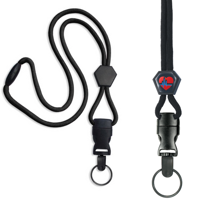 Two black lanyards with detachable key rings and clips. The Custom Heavy Duty Breakaway Lanyard With Detachable Key Ring (2135-454X) on the right features a hexagonal badge with a heart and heartbeat line design.
