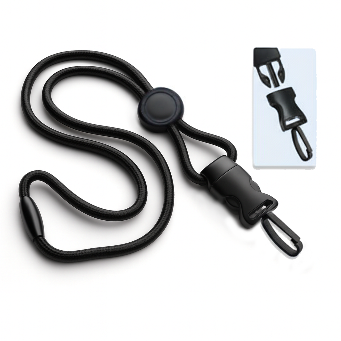 Black adjustable Breakaway Lanyard With Round Slider And Detachable Plastic Swivel Hook 2135-458X. Breakaway clip attachment included.
