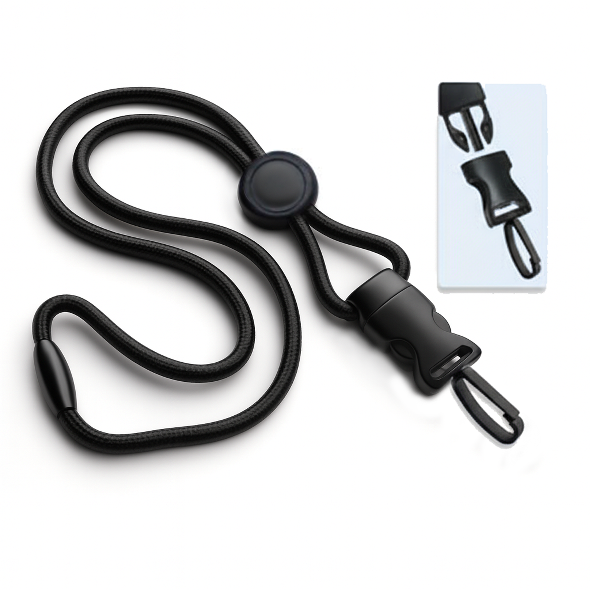 Black adjustable Breakaway Lanyard With Round Slider And Detachable Plastic Swivel Hook 2135-458X. Breakaway clip attachment included.