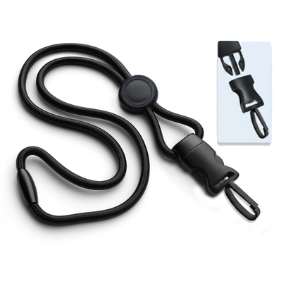 Black adjustable Breakaway Lanyard With Round Slider And Detachable Plastic Swivel Hook 2135-458X. Breakaway clip attachment included.