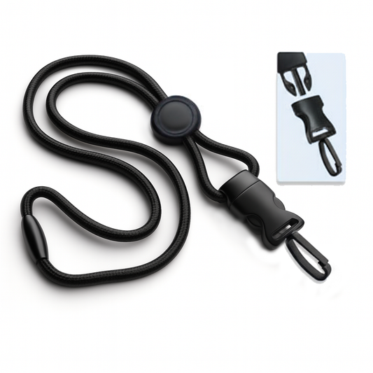 Black adjustable Breakaway Lanyard With Round Slider And Detachable Plastic Swivel Hook 2135-458X. Breakaway clip attachment included. Sold by Specialist ID.