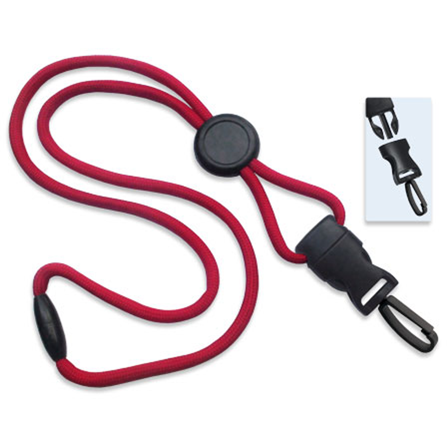 Red and black adjustable Breakaway Lanyard With Round Slider And Detachable Plastic Swivel Hook 2135-4584, with a plastic quick-release buckle, a round slider, and a detachable clip attachment.