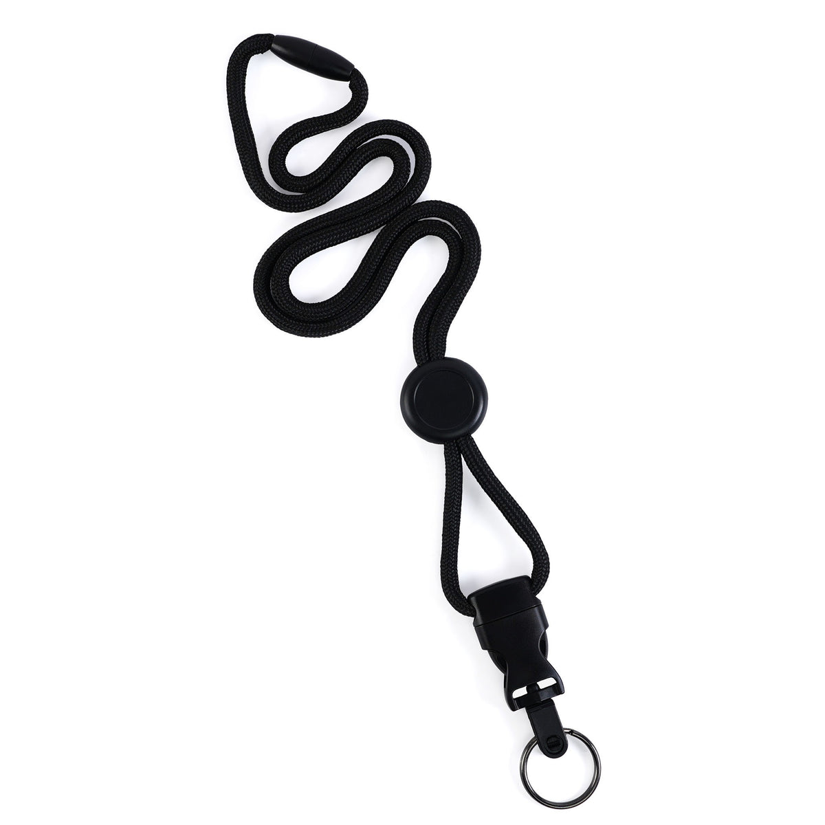 A 1/4″ Breakaway Round Lanyard with Detachable Split Ring (2135-461X) in black, featuring an adjustable neck cord, detachable buckle, keyring, and adjustable round slider, displayed flat on a white background.