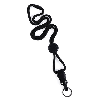 A 1/4″ Breakaway Round Lanyard with Detachable Split Ring (2135-461X) in black, featuring an adjustable neck cord, detachable buckle, keyring, and adjustable round slider, displayed flat on a white background.