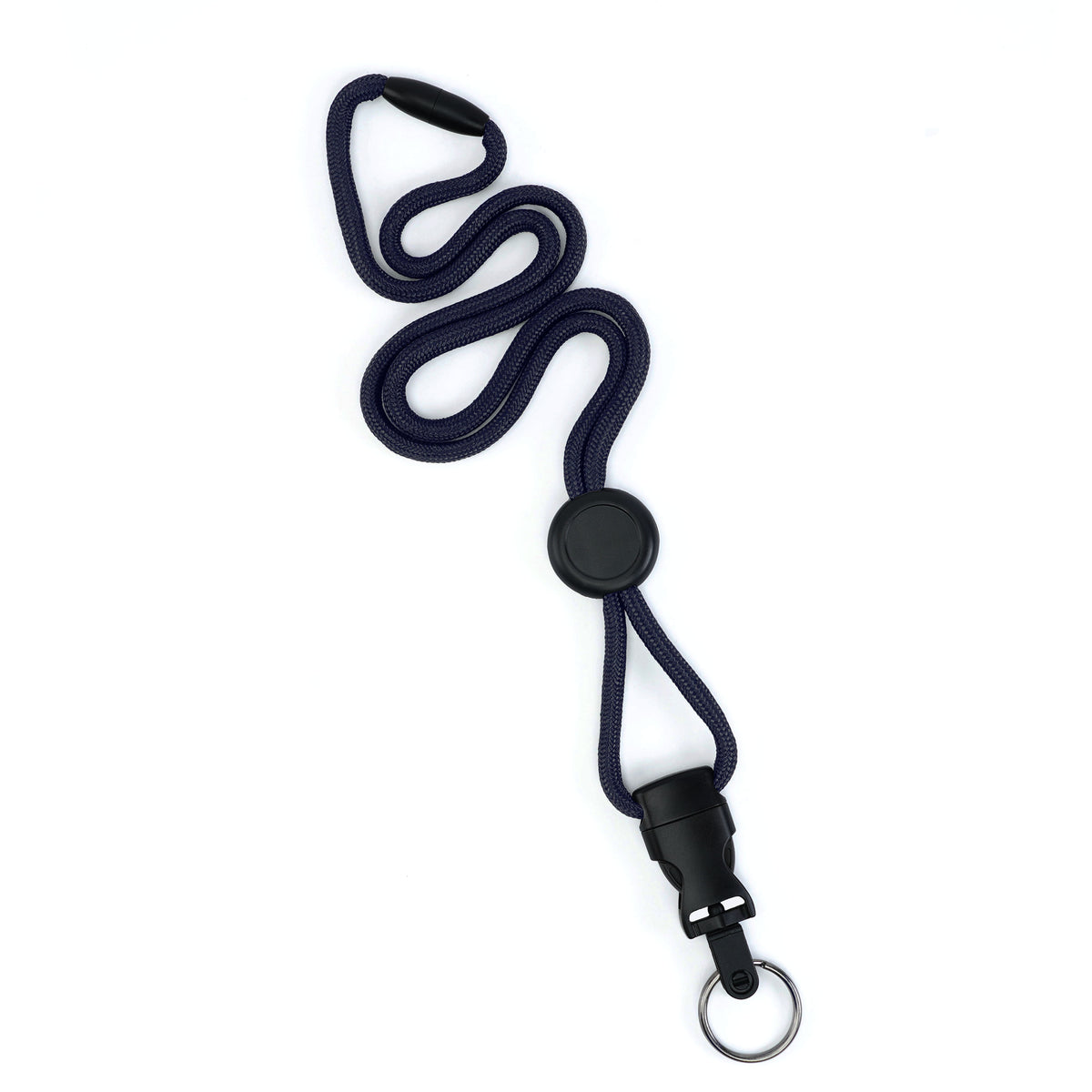 The 1/4″ Breakaway Round Lanyard with Detachable Split Ring (2135-461X) is shown in navy blue, featuring a black safety breakaway clasp, adjustable toggle, and a detachable split ring metal key ring, all photographed on a white background.