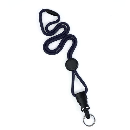 The 1/4″ Breakaway Round Lanyard with Detachable Split Ring (2135-461X) is shown in navy blue, featuring a black safety breakaway clasp, adjustable toggle, and a detachable split ring metal key ring, all photographed on a white background.
