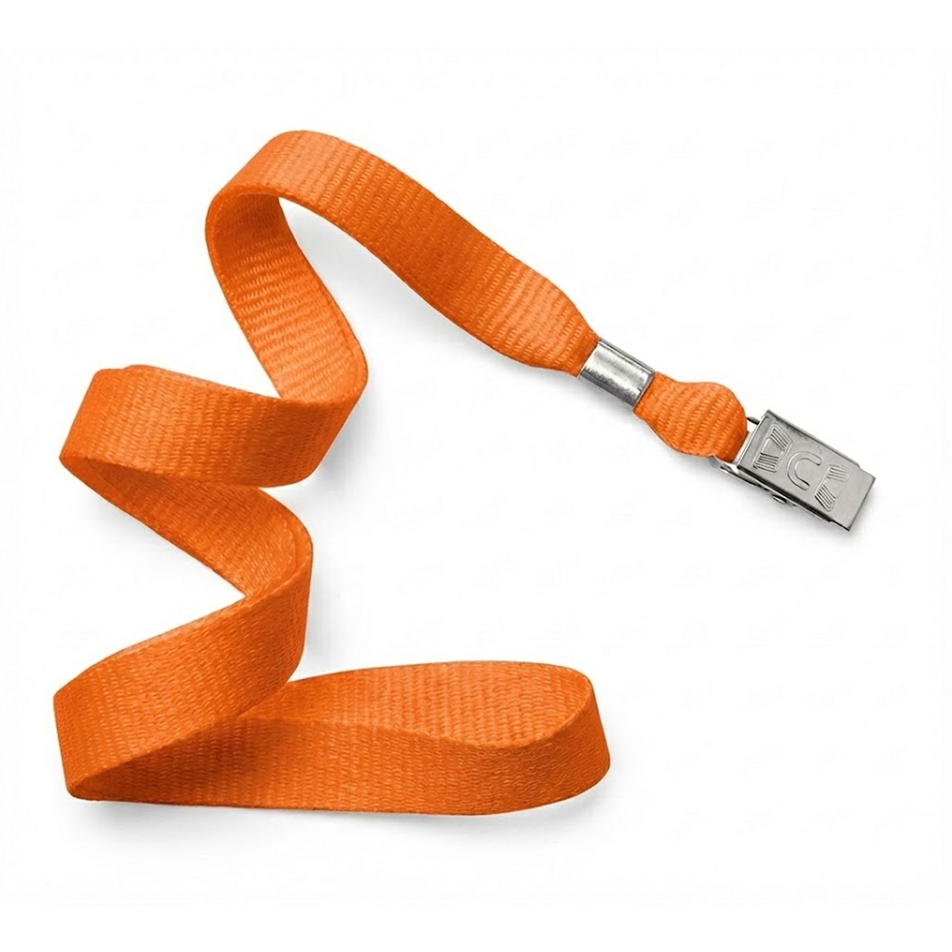 An orange wide Non-Breakaway Lanyard with Bulldog Clip - Microweave Polyester 5/8 Inch Wide (2136-355X)** on one end, perfect for professional use in holding ID badges or keys.