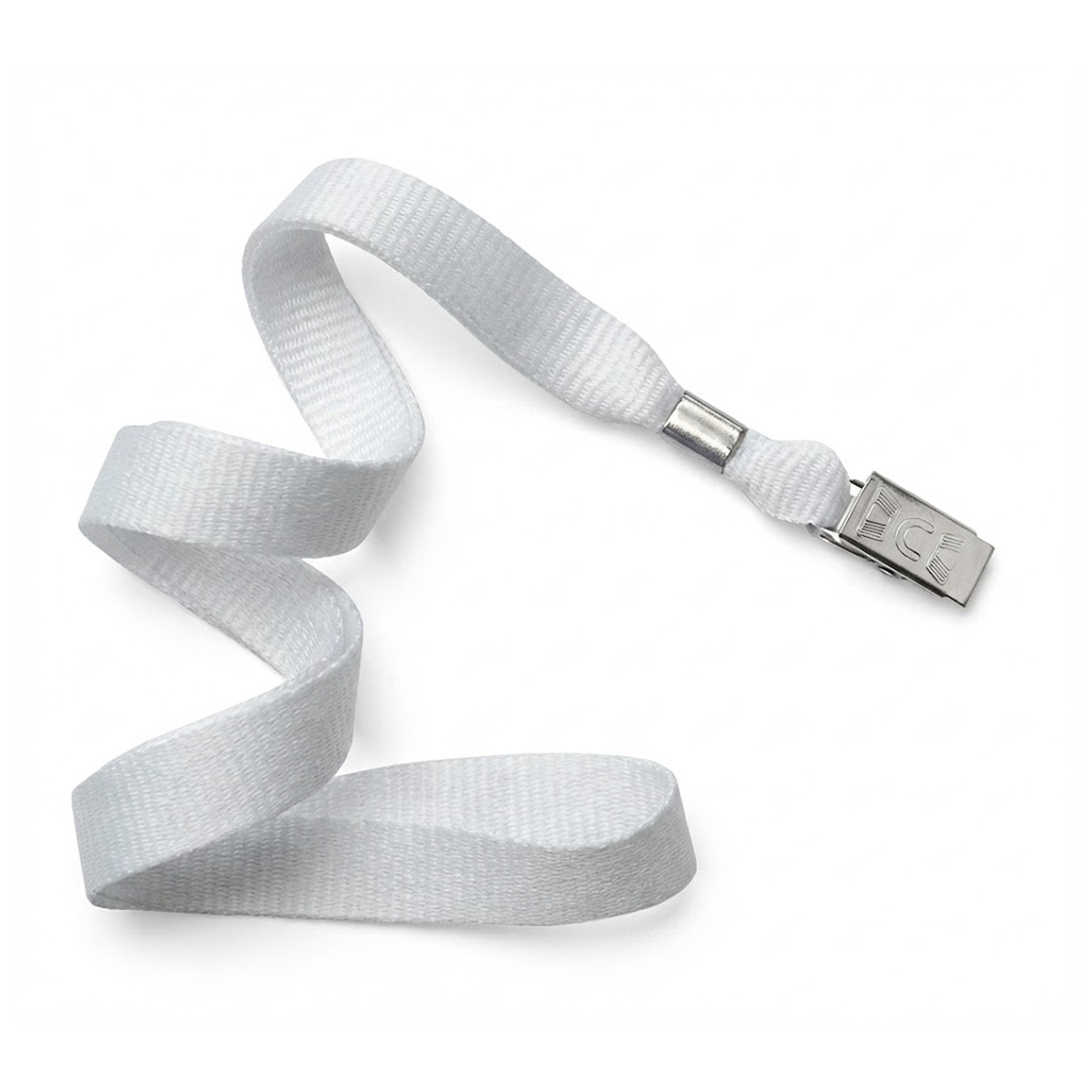 A white wide Non-Breakaway Lanyard with Bulldog Clip - Microweave Polyester 5/8 Inch Wide (2136-355X) on one end, perfect for professional use in holding ID badges or keys.