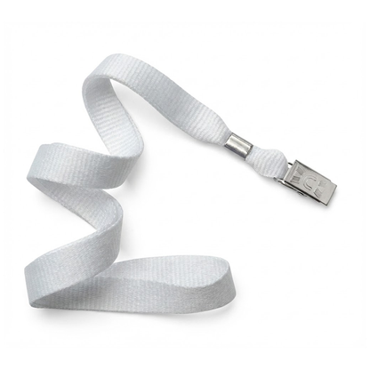 A white wide Non-Breakaway Lanyard with Bulldog Clip - Microweave Polyester 5/8 Inch Wide (2136-355X) on one end, perfect for professional use in holding ID badges or keys. Sold by Specialist ID.