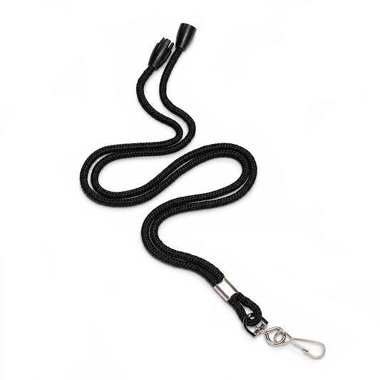 The Round Breakaway Lanyard with Swivel Hook (2137-200X) is a black, round cord lanyard featuring a metal swivel hook on one end and a breakaway clasp, shown against a white background.