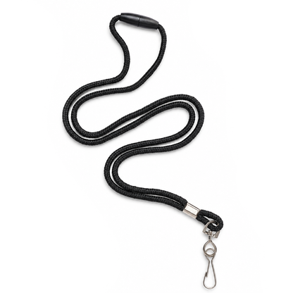 The Round Breakaway Lanyard with Swivel Hook (2137-200X) is a black cord lanyard featuring a metal swivel hook and a plastic breakaway closure, shown laid out on a white background.