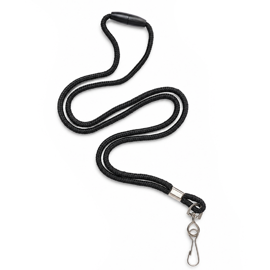 The Round Breakaway Lanyard with Swivel Hook (2137-200X) is a black cord lanyard featuring a metal swivel hook and a plastic breakaway closure, shown laid out on a white background.