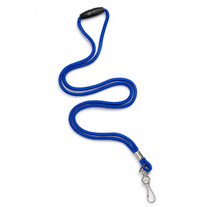 Blue breakaway lanyard with a black breakaway clasp end and silver metal clip on a white background (2137-200X)