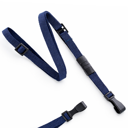 An Adjustable Breakaway Lanyard (2137-203X) in blue, designed for all sizes, with black plastic buckles and clips and a safety clasp, is displayed on a white background.