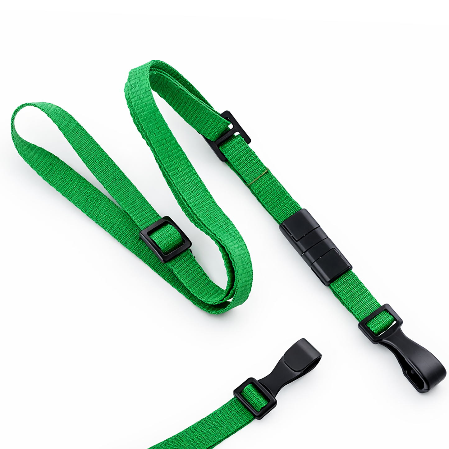 The Adjustable Breakaway Lanyards Great For All Sizes (2137-203X) feature a green strap with plastic clip and buckle, displayed on a white background - ideal as an adjustable lanyard for enhanced safety and convenience.