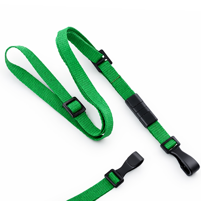 The Adjustable Breakaway Lanyards Great For All Sizes (2137-203X) feature a green strap with plastic clip and buckle, displayed on a white background - ideal as an adjustable lanyard for enhanced safety and convenience.