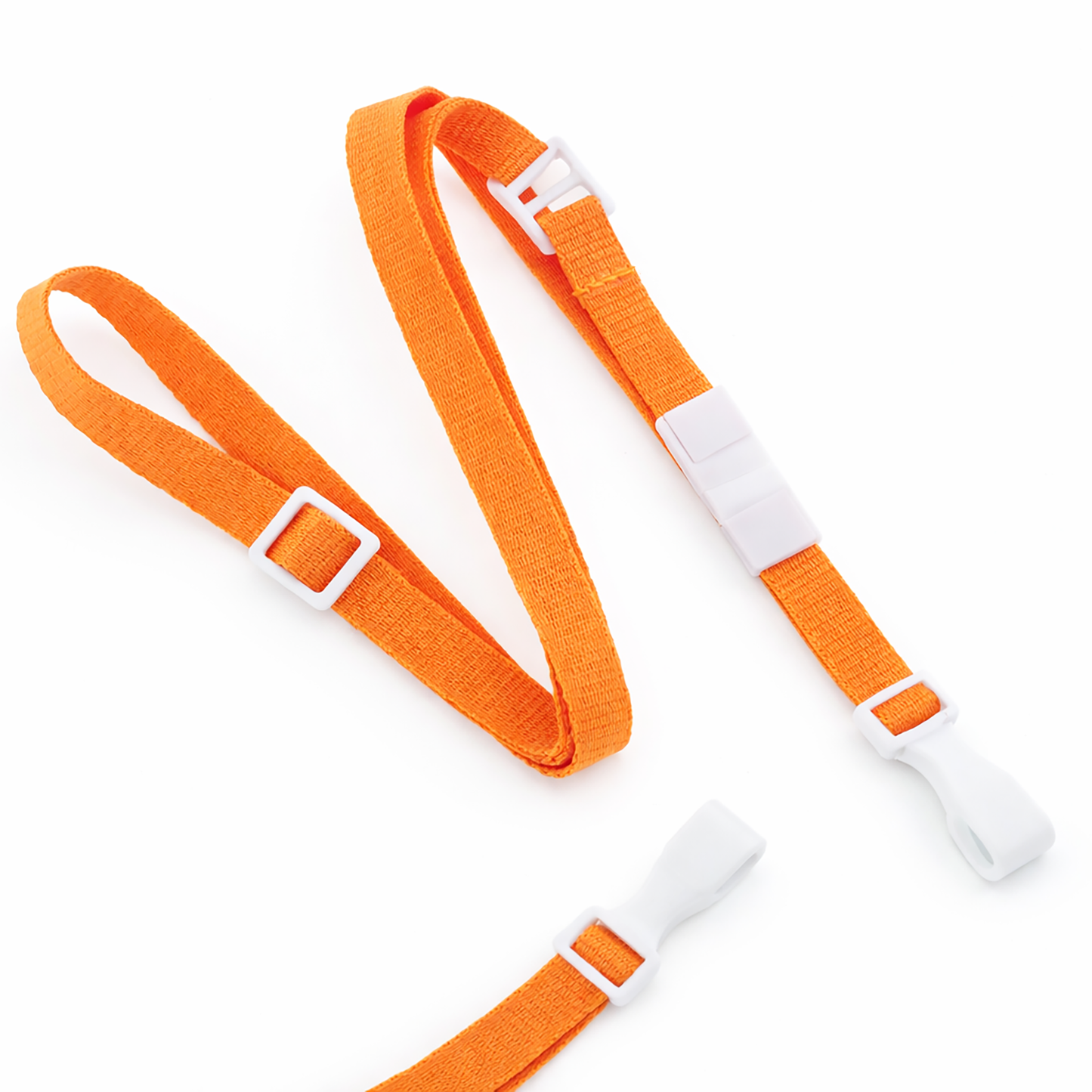 Adjustable Breakaway Lanyards Great For All Sizes (2137-203X) in orange, featuring a white plastic buckle, adjustment slider, and quick-release clasp for enhanced safety and ease of use, shown on a white background.