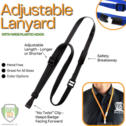 An Adjustable Breakaway Lanyards Great For All Sizes (2137-203X) featuring a wide plastic hook, safety breakaway, and "no twist" clip. It is metal-free, suitable for all sizes, and available in a variety of colors.