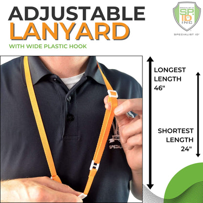 An Adjustable Breakaway Lanyards Great For All Sizes (2137-203X) with a wide plastic hook is held by a person wearing a dark polo. Text indicates the lanyard length ranges from 24 inches to 44 inches and features a no twist ID holder.