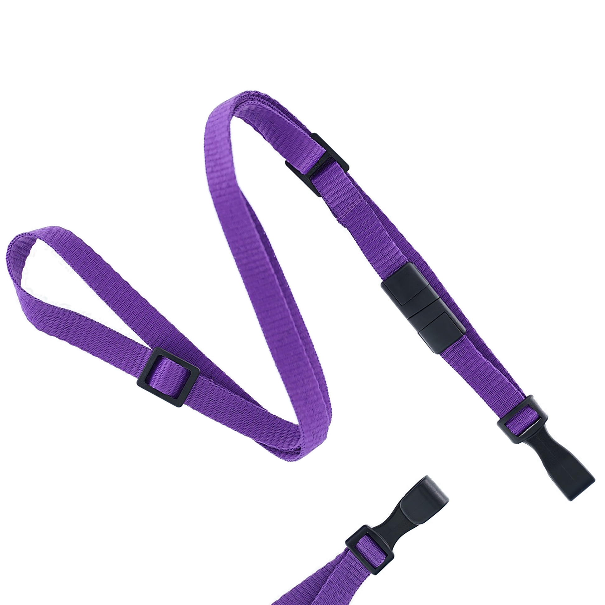 The Adjustable Breakaway Lanyards Great For All Sizes (2137-203X), shown here in purple strap with durable plastic buckle and a safety clasp, is against a white background.
