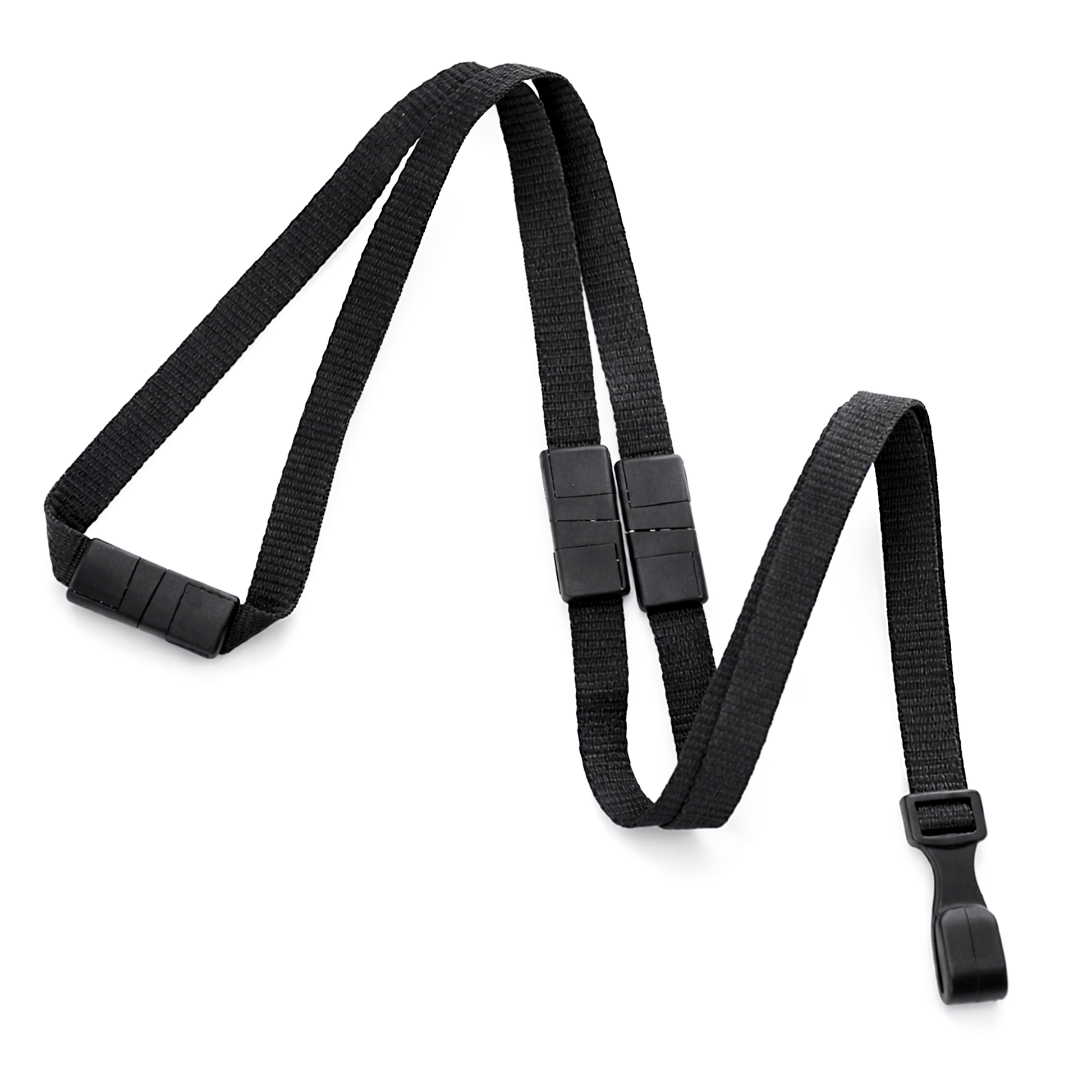 A black Triple Breakaway Lanyard (2137-300X) with three safety breakaway points, adjustable nylon strap, plastic buckles, and a clip attachment, is shown on a white background.