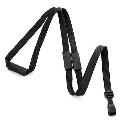 A black Triple Breakaway Lanyard (2137-300X) with three safety breakaway points, adjustable nylon strap, plastic buckles, and a clip attachment, is shown on a white background.