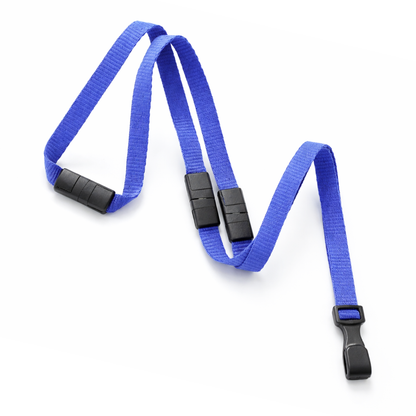 A Triple Breakaway Lanyard (2137-300X) in blue nylon, featuring three safety breakaway points, black plastic buckle and sliders, is displayed on a white background.