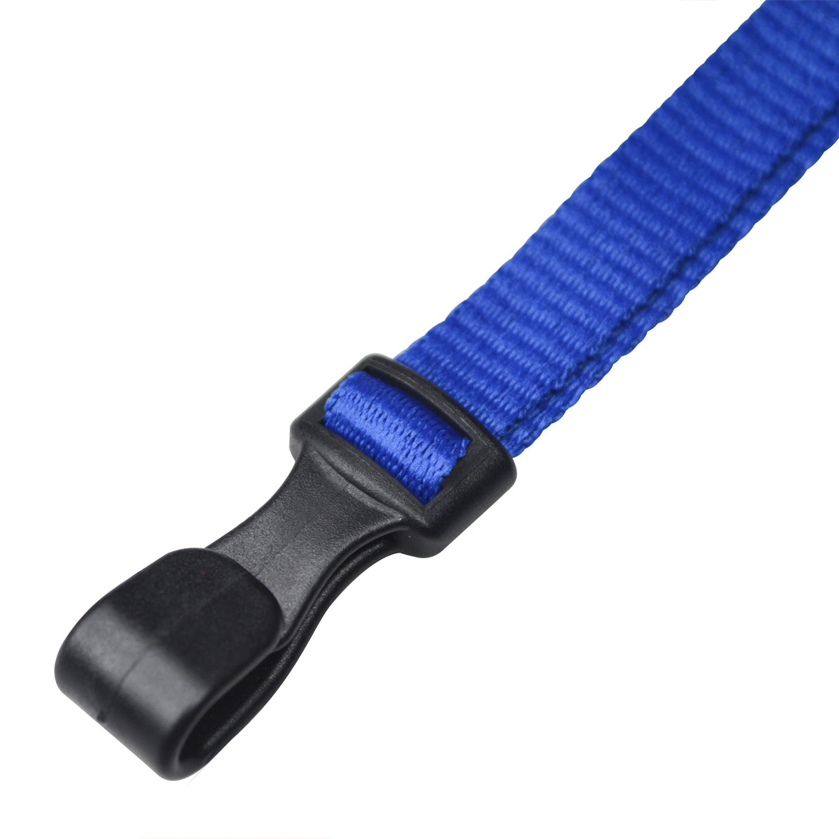 Close-up of a blue woven strap with a black plastic clip at the end, featuring a no twist design ideal for snag-sensitive environments: Triple Breakaway Lanyard with THREE Safety Breakaway Points (2137-300X).